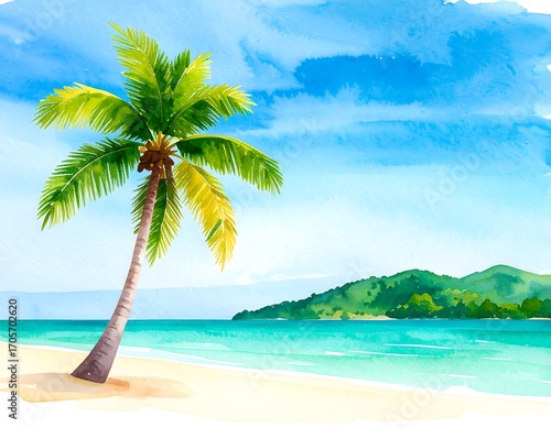Watercolor painting of a tropical beach scene