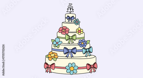 Elegant multi tiered wedding cake decorated with flowers and bows.