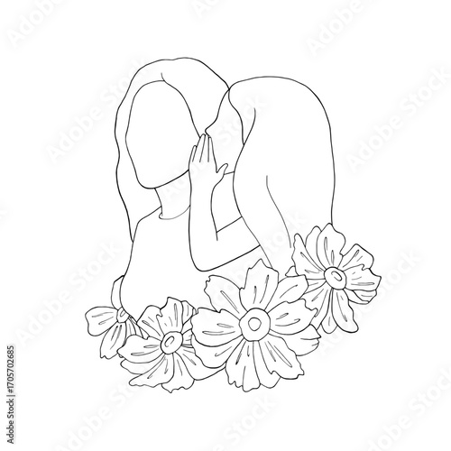 Daughter whispers in mother ear. Girl, mom, flowers. Graphic vector illustration, sketch line art. Mother's, Daughter's Day holiday. Greeting card, psychological article, children care product design