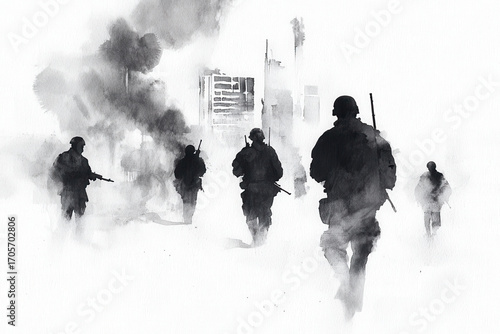 Dramatic ink wash painting depicting soldiers in war scene, showcasing their silhouettes against smoky urban backdrop