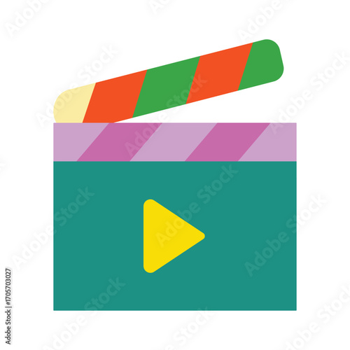 Colorful flat movie clapperboard icon with a play button. A simple graphic for film production, video, and media entertainment concepts.