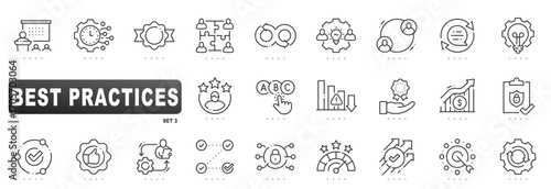 Best practices icons illustrating standards, workflow, checklist, optimization, compliance, audit, training, collaboration, communication, strategy, management, outline, editable stroke