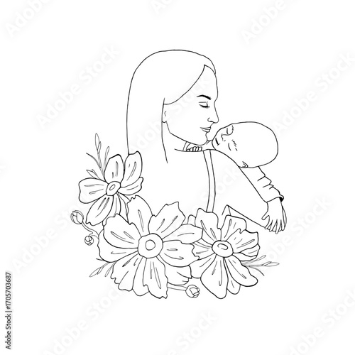 Mother hugs sleeping baby. Mom holds newborn child. Graphic vector illustration, line art with bud of Anemone flowers for Mother Day holiday, birth of child greeting card, maternity hospital design