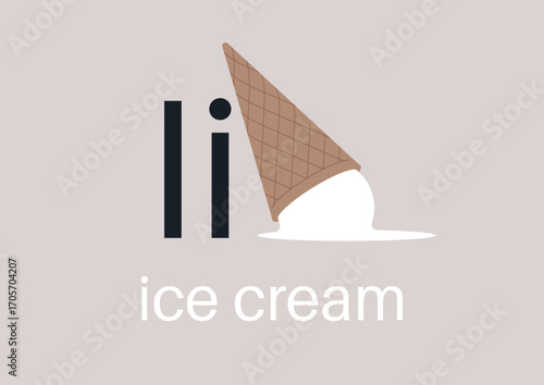 In a whimsical composition, a playful representation of the letter I emerges with an ice cream cone, celebrating the sweetness of summer days and childhood memories