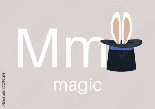 A whimsical depiction of a magic hat with adorable rabbit ears, The letter 'M' and the word 'magic' enhance the sense of wonder, inviting viewers into a playful universe of imagination