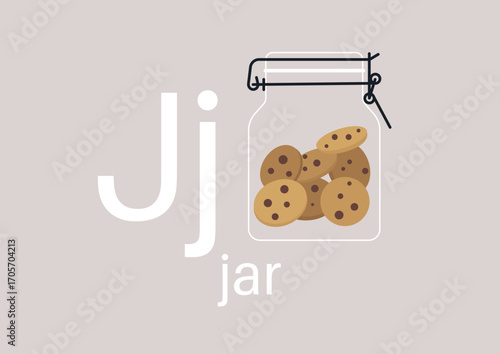 Brightly designed jar showcases delightful cookies with chocolate chips, embodying the joy of learning the letter J through tasty treats, perfect for children's education