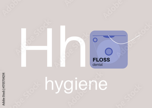 A colorful representation highlighting the letter H, accompanied by creative elements illustrating the importance of dental hygiene, specifically focused on flossing