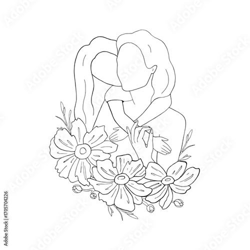 Daughter hugs mother. Little girl with mom. Woman and child, teen, adolescent with flowers greeting card. Graphic vector illustration, line art. Mother's, Daughter's Day. Postcards, article layout