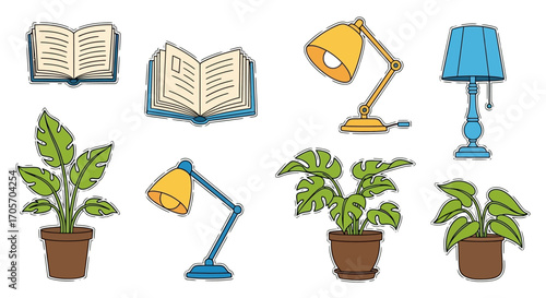 Hand drawn set of books lamps and houseplants illustrations.