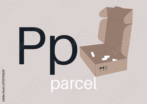 Delight in the visual journey through the letter P, showcasing the word 'parcel' beside an open box filled with packing peanuts, inviting curiosity about contents and delivery