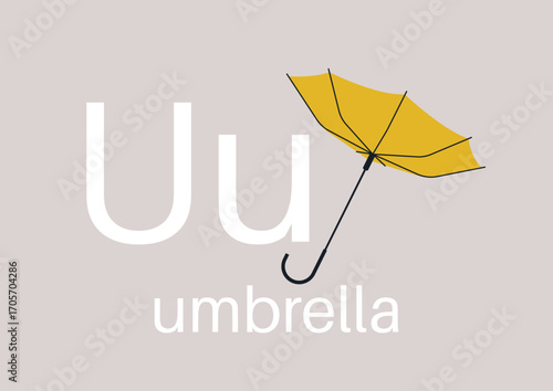 An artistic representation of the letter U is highlighted with a cheerful flipped inside out yellow umbrella, combining design and education to create a fun learning tool for children