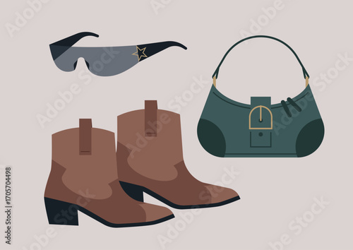Three stunning fashion accessories embody the playful spirit of Y2K style, featuring trendy sunglasses, chic boots, and a stylish handbag, perfect for enhancing any outfit and making a statement