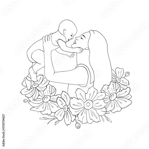 Mother lifted child above herself. Anemone flowers card. Mom picked up baby on her arms. Graphic vector illustration, line art for Mother Day holiday, birth of child greeting card