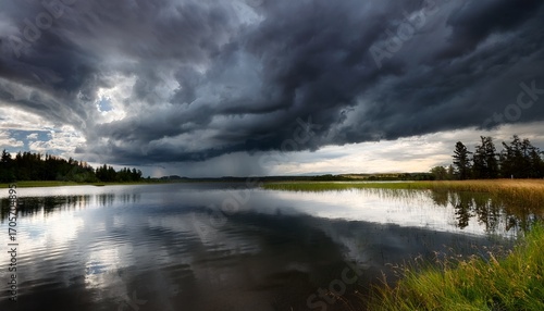 Wallpaper Mural Dramatic Storm Clouds Gathering Over A Tranquil Lake Creating An Intense Atmosphere With Reflections On The Water Torontodigital.ca