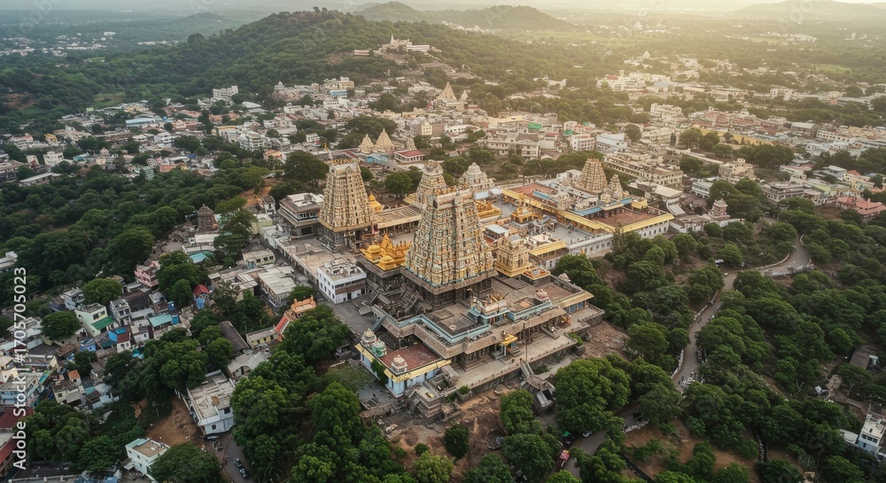 Obraz premium Aerial view of Sri Ranganathaswamy Temple, Trichy, India with town and hills