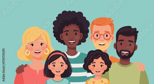 Happy multicultural family portrait with parents and children.