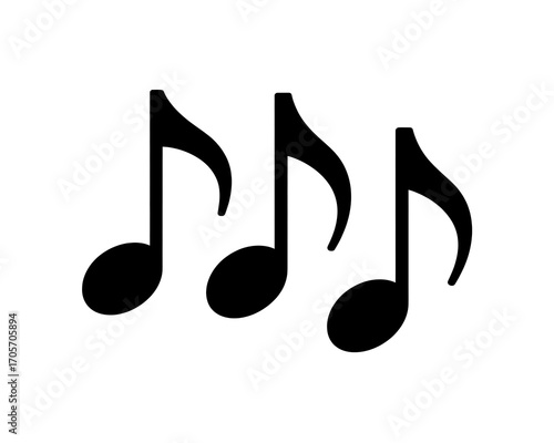 Three Black Music Notes Floating on a White Background Representing Rhythm and Melody with Musical Concept