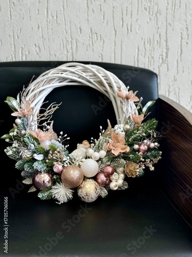 festive christmas wreath with pink ornaments