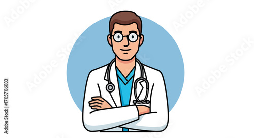 Illustrated Portrait of a Confident Male Doctor with Glasses.