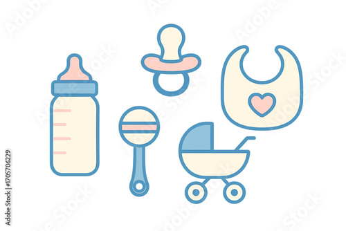 Set of essential newborn baby care items and accessories including a feeding bottle, pacifier, rattle, stroller, and bib with a heart