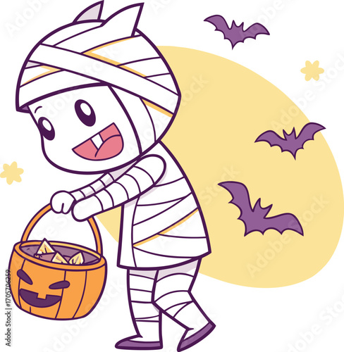 Cute mummy character holding a pumpkin candy bucket with bats