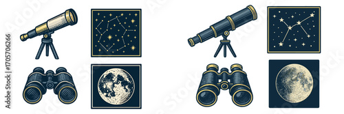 Vintage telescope and binoculars with celestial charts and moon phases