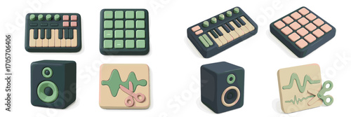 Modern music production studio gear including MIDI keyboards, drum machines, and monitors