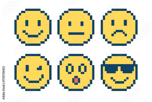 Pixelated smiley faces with diverse emotions and sunglasses
