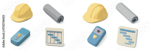 Set of 3D icons for construction, planning, and remote control