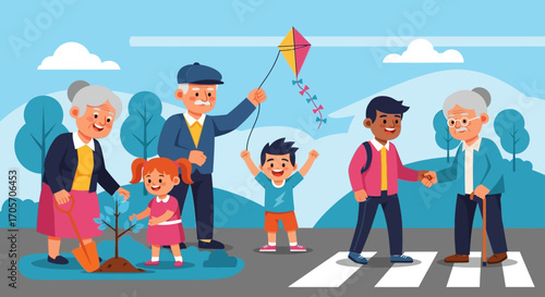 Intergenerational Activities - Grandparents, Children, and Kite Flying in a Community Setting.