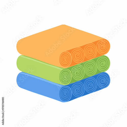 Stack of Rolled Up Orange Green and Blue Fabrics