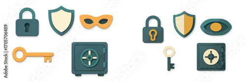 Security and privacy icons: locks, shields, safes, keys, eye symbol