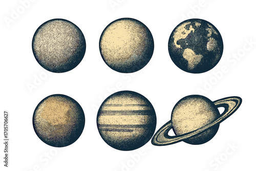 Vintage stipple engraving collection of celestial bodies and planets for space science and exploration