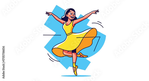 Joyful ballerina gracefully dancing in a vibrant yellow dress with open arms.