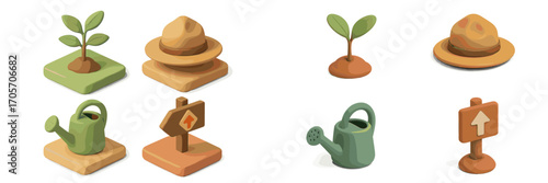Stylized 3D icons depicting gardening, outdoor adventure, and nature exploration, featuring plants, hats, and directional signs