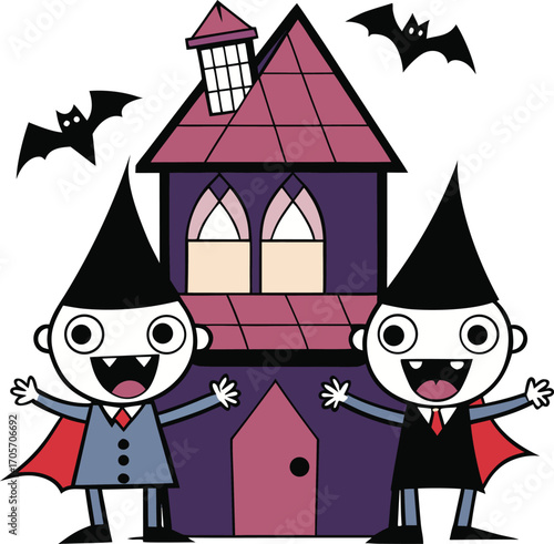 Two cartoon vampires in front of a purple haunted house with bats
