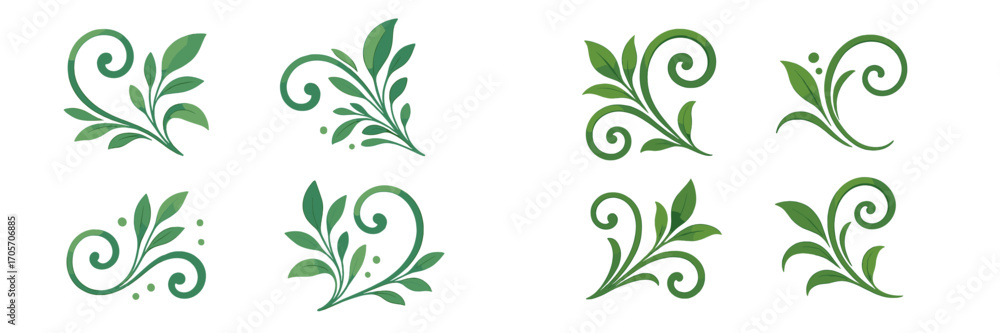 Naklejka premium Stylized green leaf and swirl decorative elements with organic shapes and natural motifs