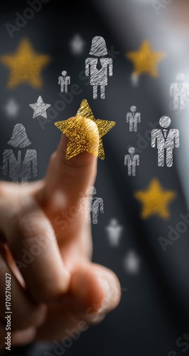 A fingertip touches a large gold star, surrounded by smaller stars and sketched figures representing employee selection or performance evaluation