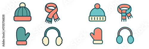 Winter clothing and accessories icons including hats, scarves, mittens, and earmuffs for cold weather protection