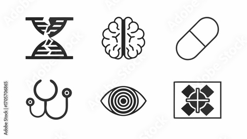Illustration of medical icons including broken hourglass, brain, pill, stethoscope, eye and x ray image silhouette