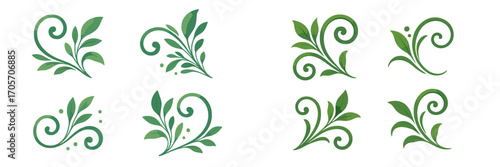 Stylized green leaf and swirl decorative elements with organic shapes and natural motifs