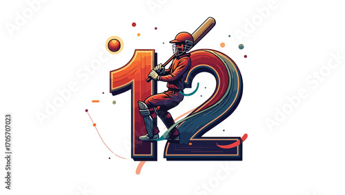 Adobe Illustrator Artwork Cricket sport cricket sport image depicts a poised player balancing on number twelve ready to strike.
