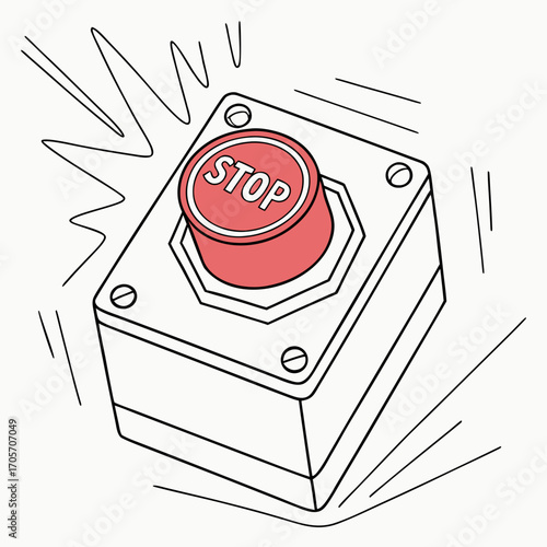 A red stop button with the word stop clearly visible on its surface depicted in a simple line drawing style with radiating lines indicating action or urgency