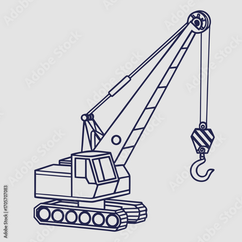 A simple line art illustration of a crawler crane with a hook and boom against a plain light gray background