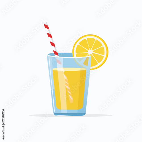 Glass Of Fresh Lemonade With Lemon Slice And Red White Straw