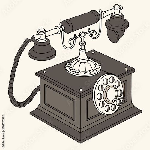 An antique candlestick telephone with a rotary dial sits on a dark wooden box base against a plain background