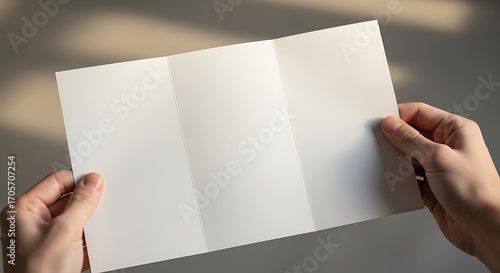 Hands presenting an open white trifold brochure with a serene background