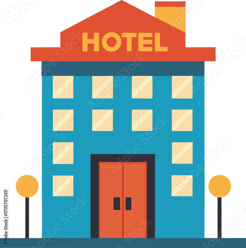 Hotel building with windows, a sign that says "HOTEL", and a welcoming entrance, travel accommodation theme.