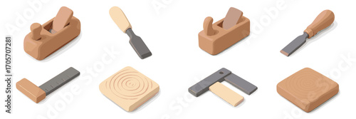 Isometric collection of essential woodworking tools, including hand planes, chisels, and measuring devices, alongside textured wood pieces