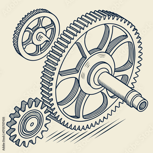 Detailed line drawing of three interlocking gears and a shaft in an isometric perspective against a light background